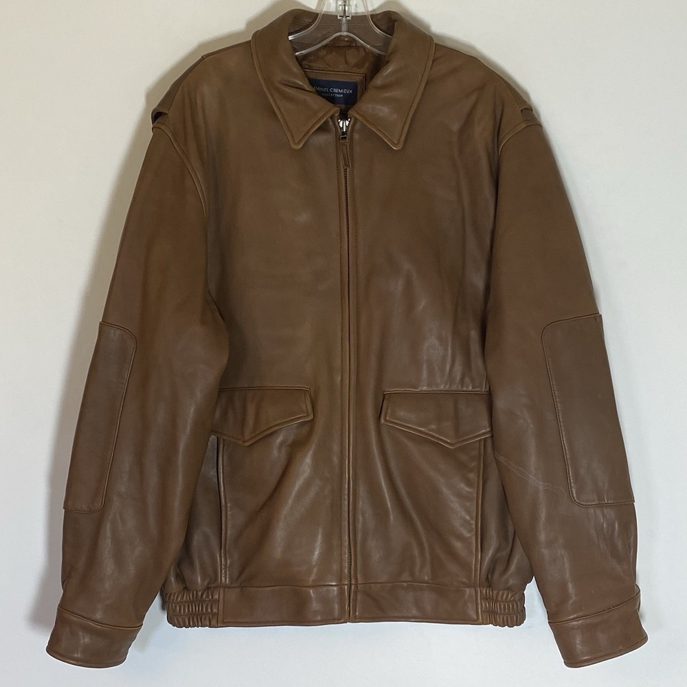 Daniel Cremieux Jacket Mens Large Brown Leather Full Zip Pockets Elbow Pads Nice